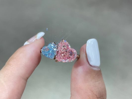 Pink&Blue Laboratory Grown Diamond Rings Twin Heart Shape 18k White Gold Rings