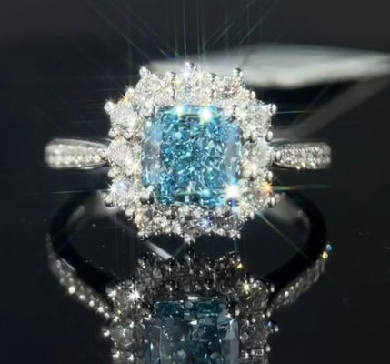 Niebieskie Lab Rosnące Pierścienie Diamentowe 1,29ct Poduszkowy Cięcie Diamentowy Syntetyczny Pierścień Darowny Dla Kobiet